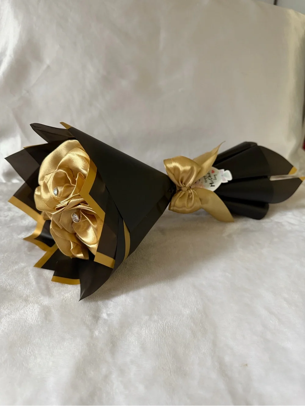Black and Gold Floral Wrap with Gold Ribbon - Elegant Bouquet Presentation
